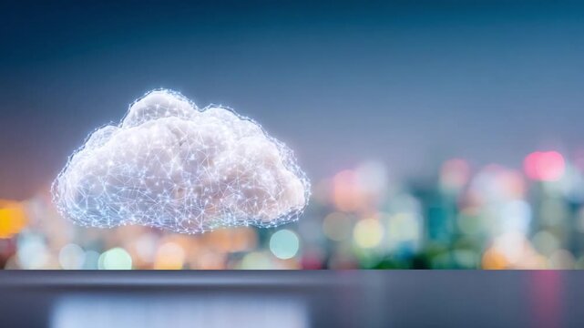 Glowing Digital Cloud: A luminous, shimmering cloud made of glowing particles hovers above a reflective surface with a bokeh city skyline in the background.
