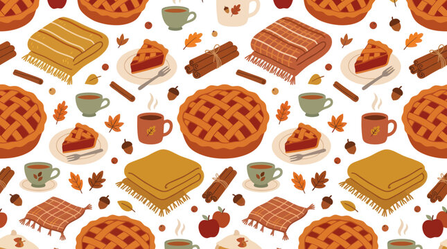Autumn Fall Food  Cozy Lifestyle Vector Seamless Pattern: Pies, Hot Drinks, Blankets, Cinnamon, Leaves