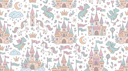 Fototapeta premium Cute Hand-drawn Pastel Fairytale Kids Fantasy Pattern with Castles, Unicorns and Dragons