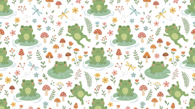 Cute Frog Seamless Pattern, Cute Frogs, Pond, Mushrooms, Flowers, Dragonflies, Kids Design