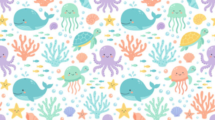 Obraz premium Cute Cartoon Undersea Life Seamless Pattern - Whales, Jellyfish, Turtles, Corals