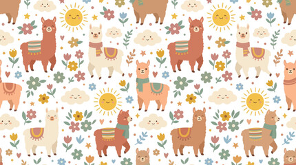 Naklejka premium Cute Children's Alpaca Llama Seamless Pattern with Sun and Flowers - Flat Cartoon Illustration