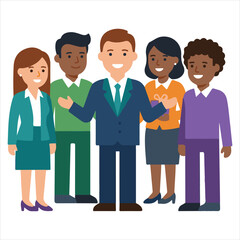 Fototapeta premium Business professionals standing together smiling and gesturing representing teamwork