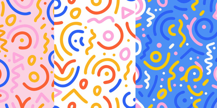 Abstract squiggle pattern with loops and dots in pastel pink yellow and blue high quality