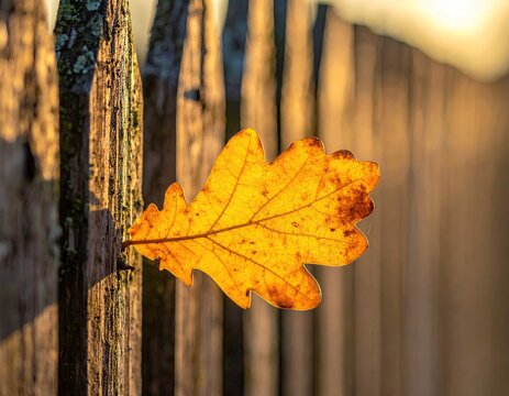 Autumn leaf snagged on a weathered wooden fence