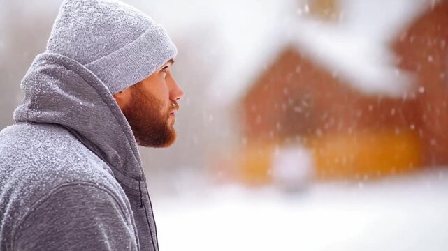Winter Chill, Thoughtful Gaze: A man in a beanie and hooded jacket stands stoically amidst a gentle snowfall, his gaze fixed on the distant, blurred winter landscape.
