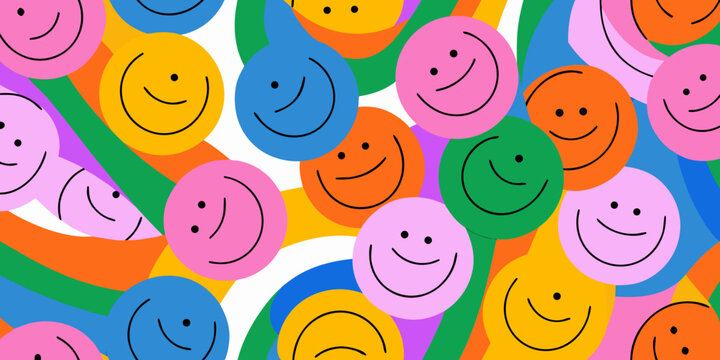 Colorful smiley face pattern with diverse expressions and wavy background elements high quality professional detailed