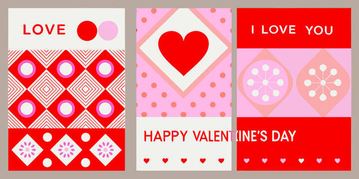 Valentine s day card set with geometric patterns hearts and text in pink and red