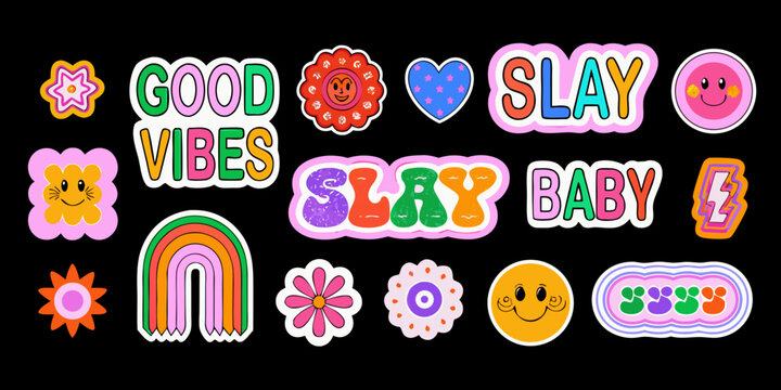 Collection of colorful retro 1990s and 2000s inspired stickers on a black background high quality