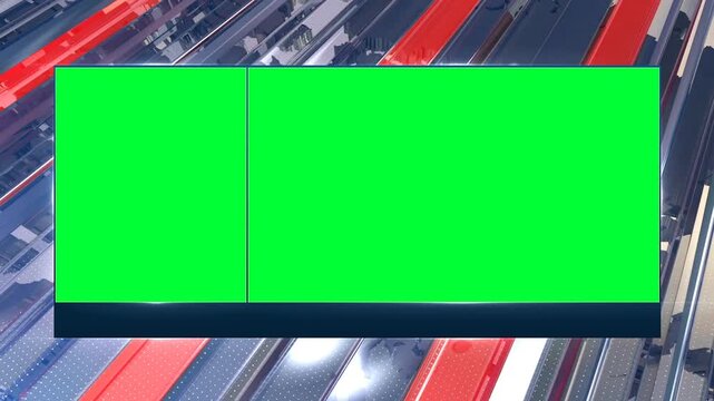 Dynamic 30-Second News Studio Template: Dual Green Screen Windows with Fast-Paced Red and Blue Motion Graphics Background