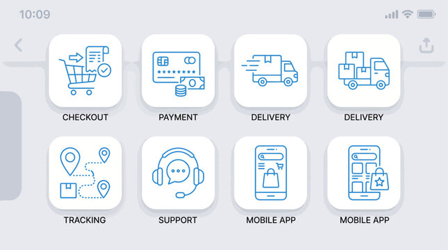 E-commerce mobile app icons for checkout payment delivery tracking support