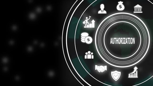 Digital authorization concept with business and financial growth symbols in a futuristic hud interface for secure corporate data management and network security solutions