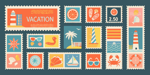 Collection of vibrant travel themed postage stamps with summer icons and scenic illustrations high quality © RanjanKumar