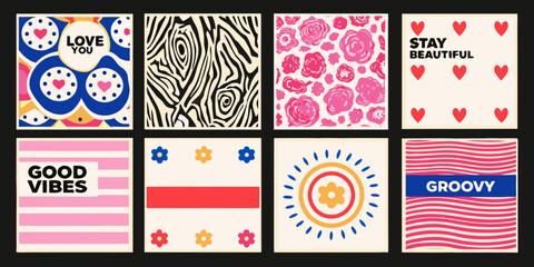 Retro inspired card collection in a grid layout featuring colorful patterns and typography high quality © RanjanKumar