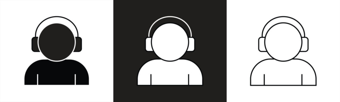 Customer support icon. The call center agent symbol with a headset represents support, communication, assistance, telemarketing, and online help desk services.