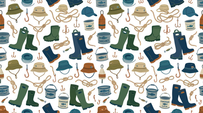 Fishing Gear Flat Vector Seamless Pattern Background with Angler Boots and Hats