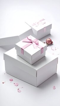 White gift boxes with pink ribbon.