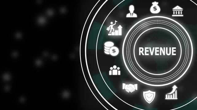 Digital revenue growth strategy concept featuring animated business and financial success symbols in a modern hud interface for corporate marketing and investment