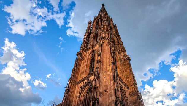 A towering Gothic cathedral pierces the sky, framed by puffy clouds against a vibrant blue backdrop