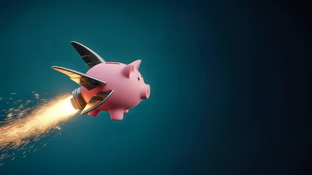 Dynamic flying piggy bank with rocket propulsion and metallic wings accelerating forward rapidly with sparks, representing fast financial growth, investment success and economic momentum for business