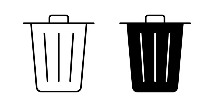 Trash icon in outline and solid style, isolated on white background. Ideal for file deletion, cleanup, and data management apps in mobile and web design.