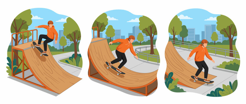 Teenage boy skateboarding on a quarter pipe ramp in a city park