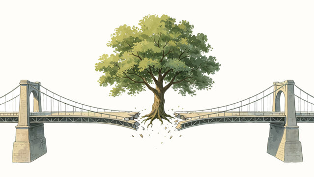 Surreal Watercolor Illustration of Lush Broadleaf Tree Growing From and Splitting Apart a Stone Suspension Bridge, Nature Overtaking Manmade Infrastructure