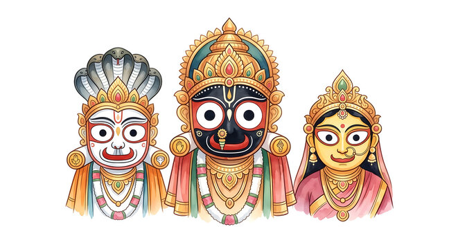 Lord jagannath, balabhadra, and subhadra logo deities during rath yatra festival concept in illustration.