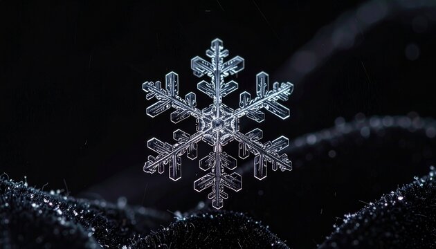 Detailed snowflake crystal with six-fold symmetry on dark background