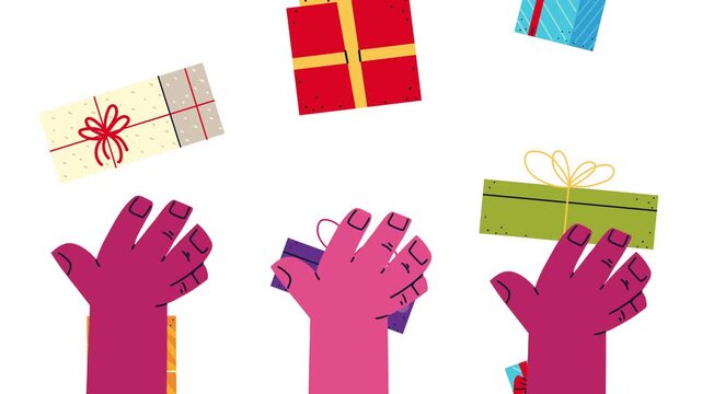 Animated hands catching falling gift boxes on white background during festive celebration with colorful packages.