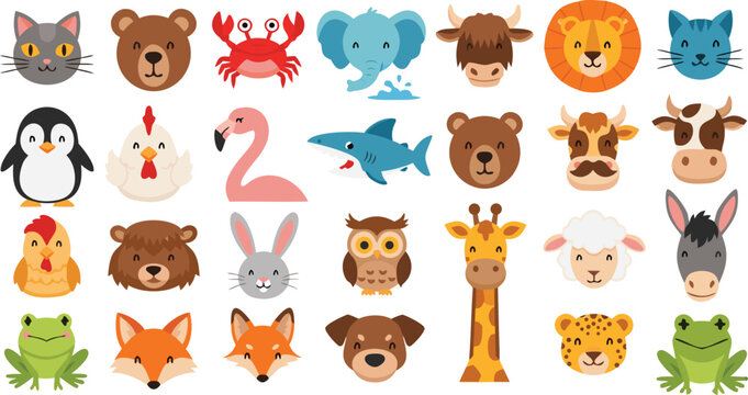 Large cute animal face vector collection featuring hand drawn kawaii characters including lion, elephant, giraffe, penguin, owl, fox, and farm animals for nursery decor and stickers
