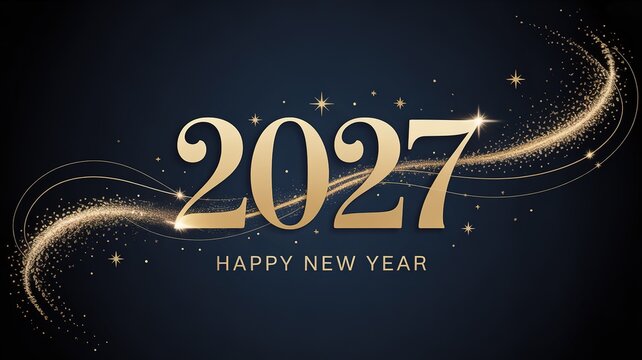Luxurious 2027 new year greeting design with elegant golden typography sparkling star accents and swirling glitter trails on deep navy background for formal invites digital banners