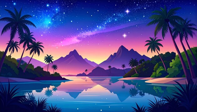 Tropical lagoon with palm trees and starry night sky over mountains