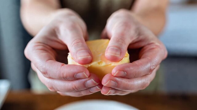 Hands Holding and Breaking a Block of Butter for Cooking.