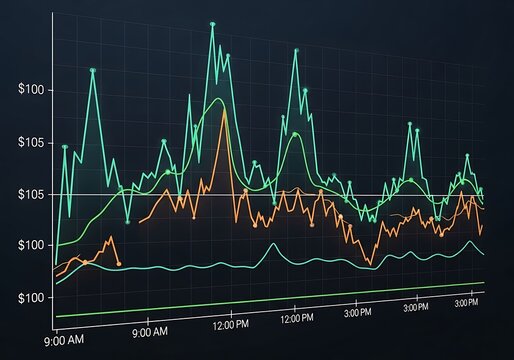 Three dimensional luminous lines display fluctuating monetary data over a dark grid background