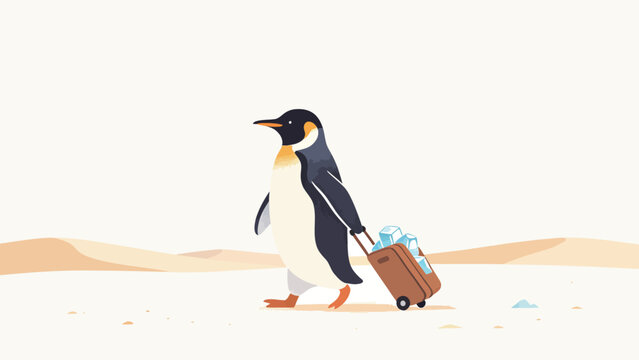 Whimsical Minimal Flat Illustration of a King Penguin Pulling a Rolling Suitcase Full of Ice Cubes Walking Across an Arid Desert Landscape