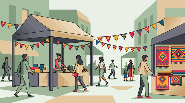 Flat Illustration of a Busy Outdoor Street Market with People Shopping at Artisan Stalls and Decorative Bunting