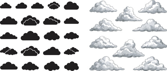 Comprehensive set of black cloud silhouettes and detailed hand drawn sketch clouds isolated on white background for weather design © MDKhademul
