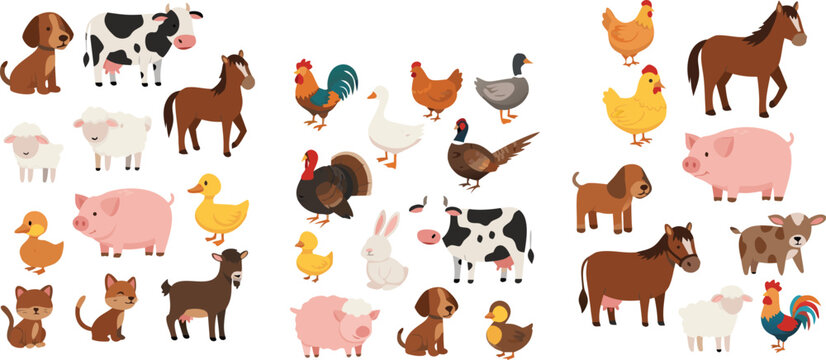 Large farm animal vector collection featuring hand drawn cow, horse, pig, sheep, chicken, turkey, and duck characters for children's learning materials and rural life illustrations