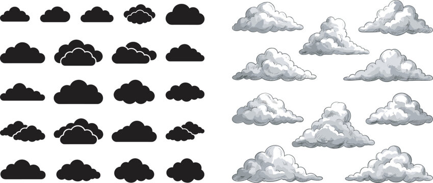 Comprehensive set of black cloud silhouettes and detailed hand drawn sketch clouds isolated on white background for weather design