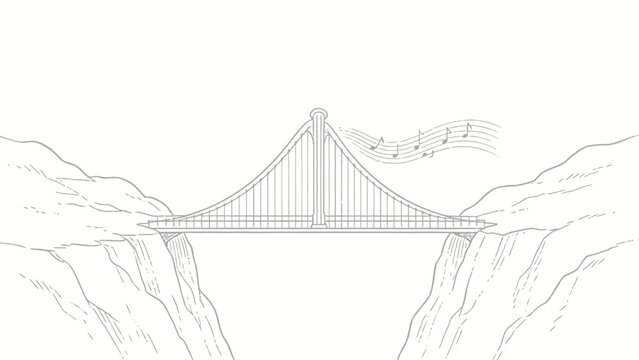 Whimsical monochrome line art illustration of a suspension bridge whose right main cable transforms into a wavy musical staff with notes, spanning a deep rocky gorge