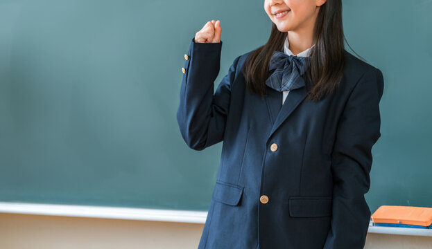 Female elementary, middle, and high school students in blazers stand in front of the blackboard and strike a triumphant pose.