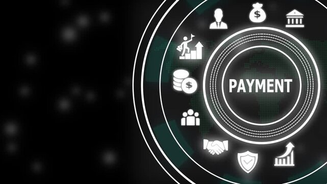 Digital payment system interface with animated financial and global business network connectivity for modern fintech solutions and secure online transaction processing