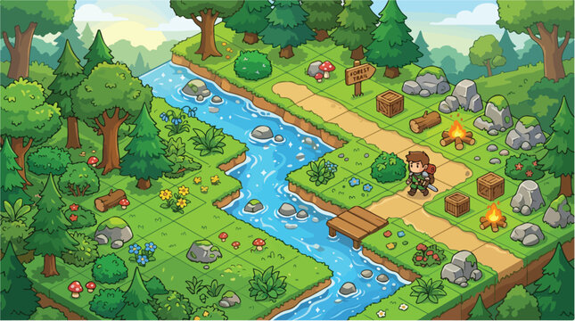 Pixel art forest landscape with river and character, isometric game level design, retro 16-bit rpg world map with trees and campfire