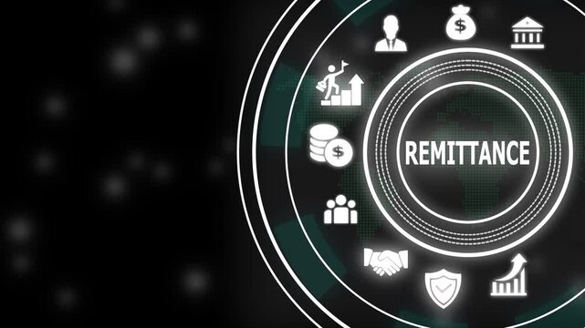 Digital remittance financial technology concept with animated global money transfer and secure banking network interface for international capital flow and economic