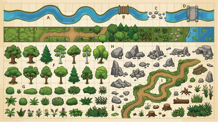 Fantasy RPG world map assets, hand drawn game environment elements, vintage adventure map kit with trees and river, tabletop gaming vector set © rani