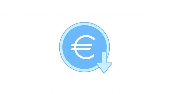 Blue Euro Coin with Down Arrow Animation Loop, Transitions from White Background to Alpha Channel