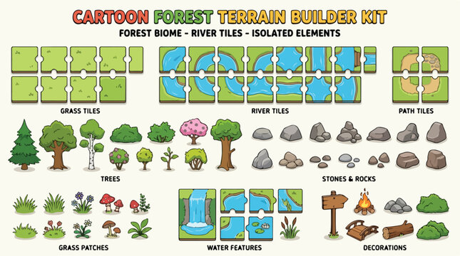 Cartoon Forest Terrain Builder Kit with River Tiles and Isolated Elements, Game Map Creation Set for Forest Biome, Nature Environment Vector Assets