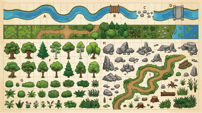 Fantasy RPG world map assets, hand drawn game environment elements, vintage adventure map kit with trees and river, tabletop gaming vector set
