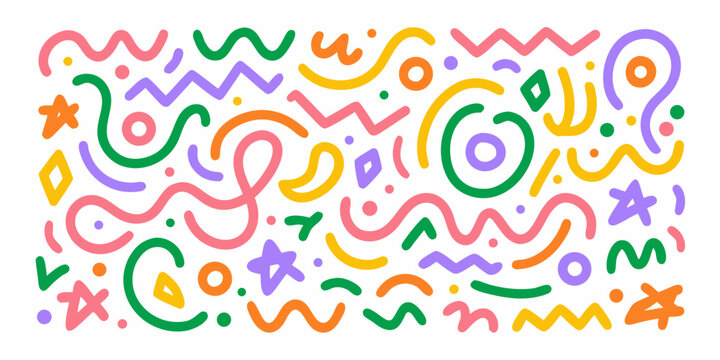Colorful abstract doodle pattern with overlapping shapes and lines on a white background high quality